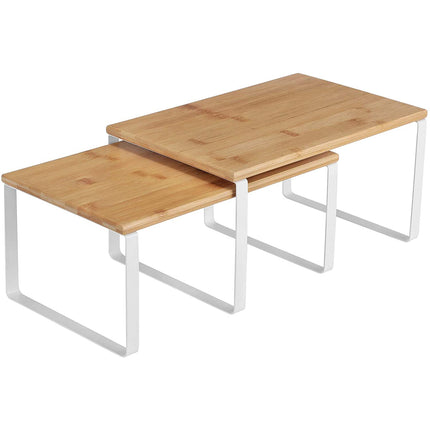 Spice Rack, set de 2 organizator de raft pentru dulapuri, bambus și alb