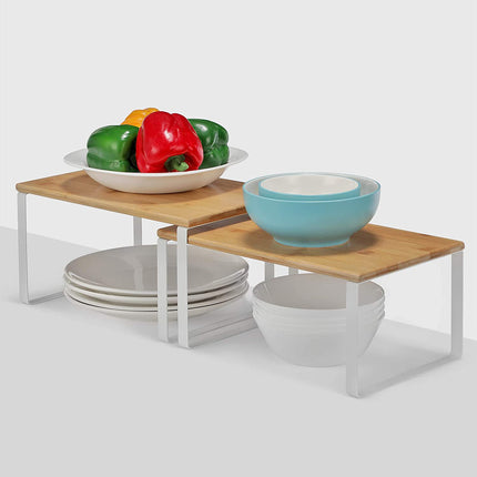 Spice Rack, set de 2 organizator de raft pentru dulapuri, bambus și alb