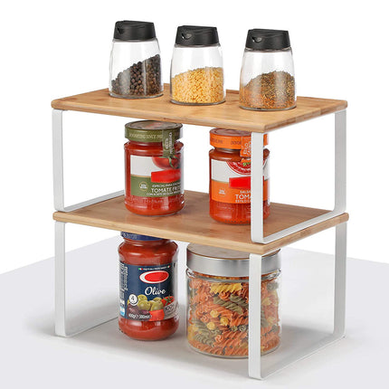 Spice Rack, set de 2 organizator de raft pentru dulapuri, bambus și alb