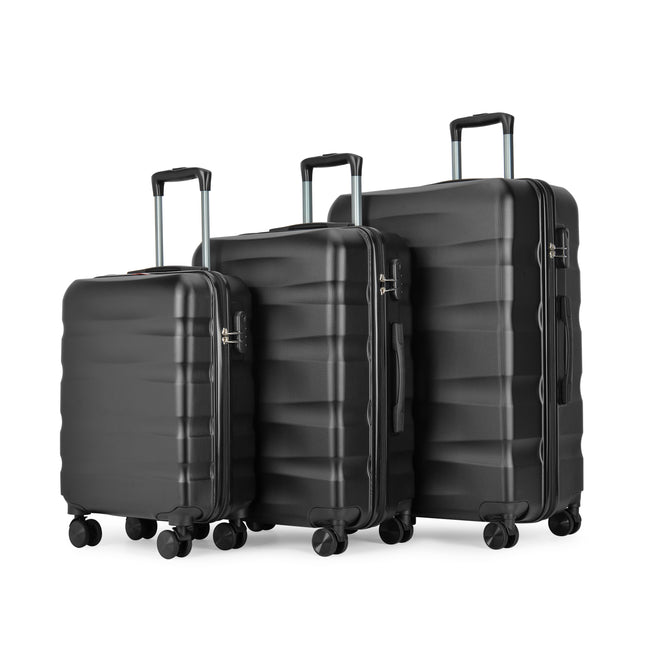 BONTOUR “Wave” 3-Piece Double-Wheel Suitcase Set with Combination Lock, Black
